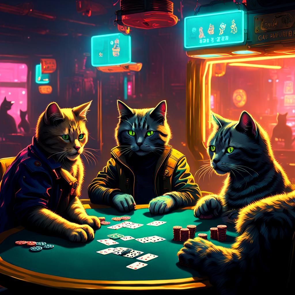 Cyberpunk Cats Playing Poker in Neon City