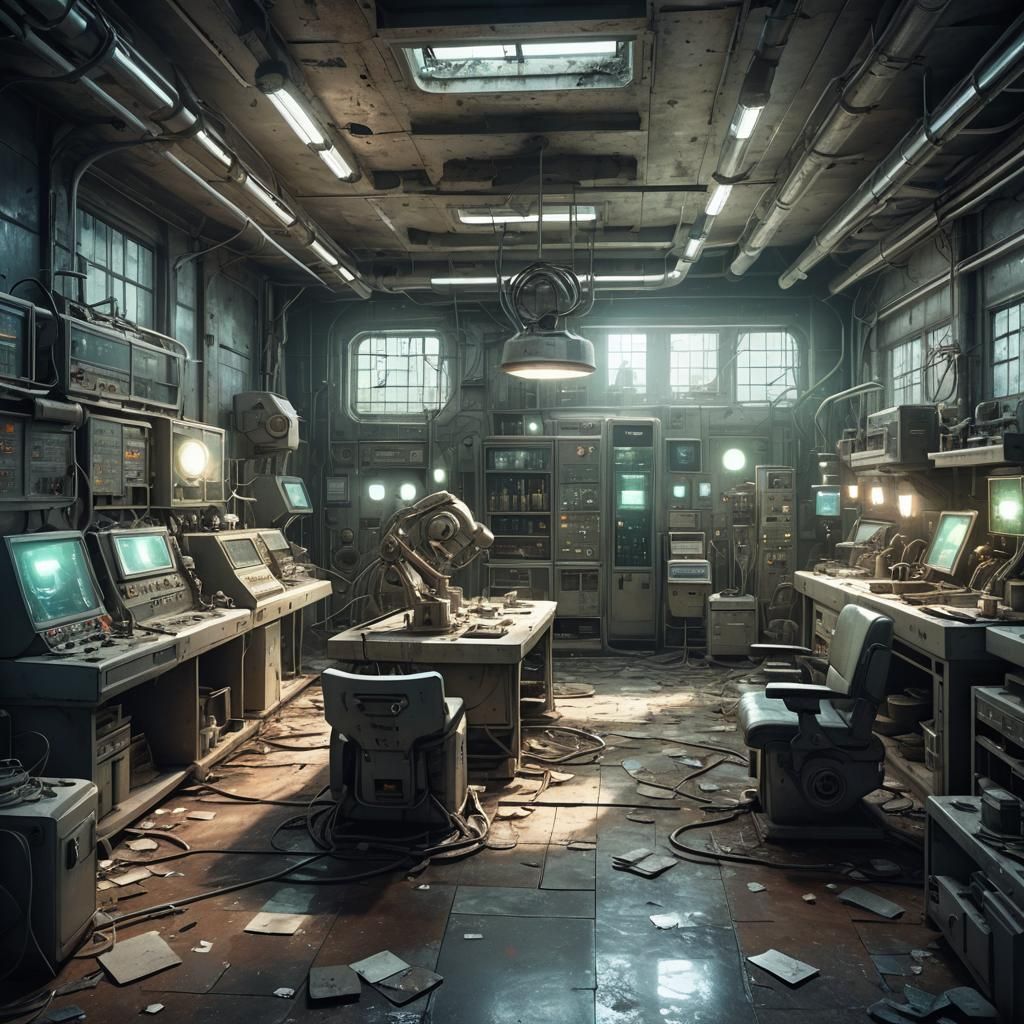 Abandoned Sci-Fi Lab with Glowing Artifacts