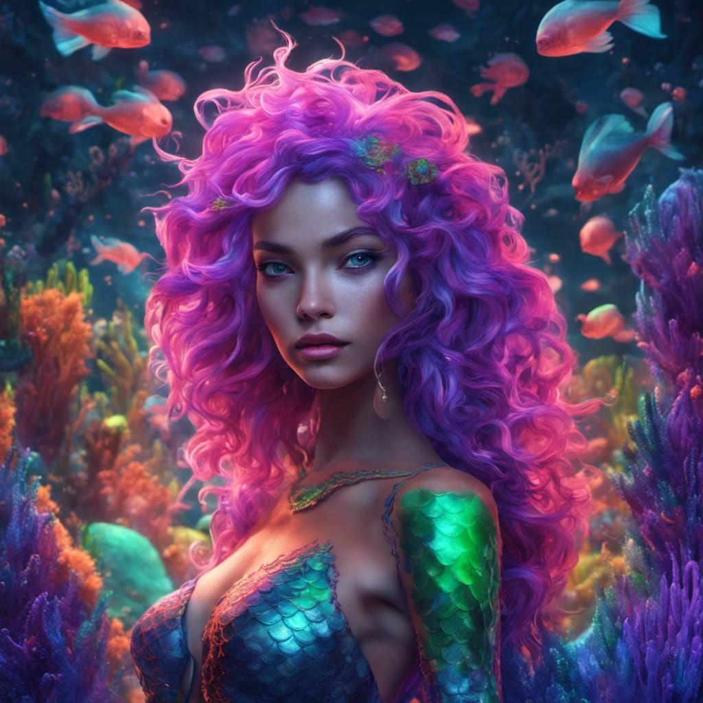 Neon Mermaid in Deep Sea: Fantasy Concept Art