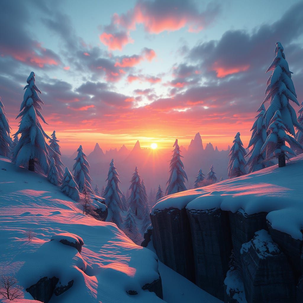 Ethereal Sunset in a Magical Snowy Realm