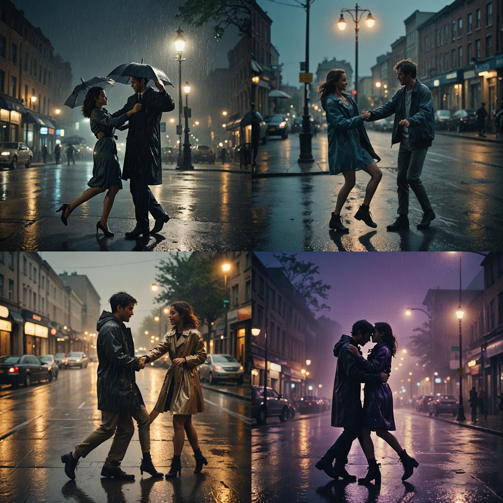 Romantic Couple Dancing in the Rain at Night