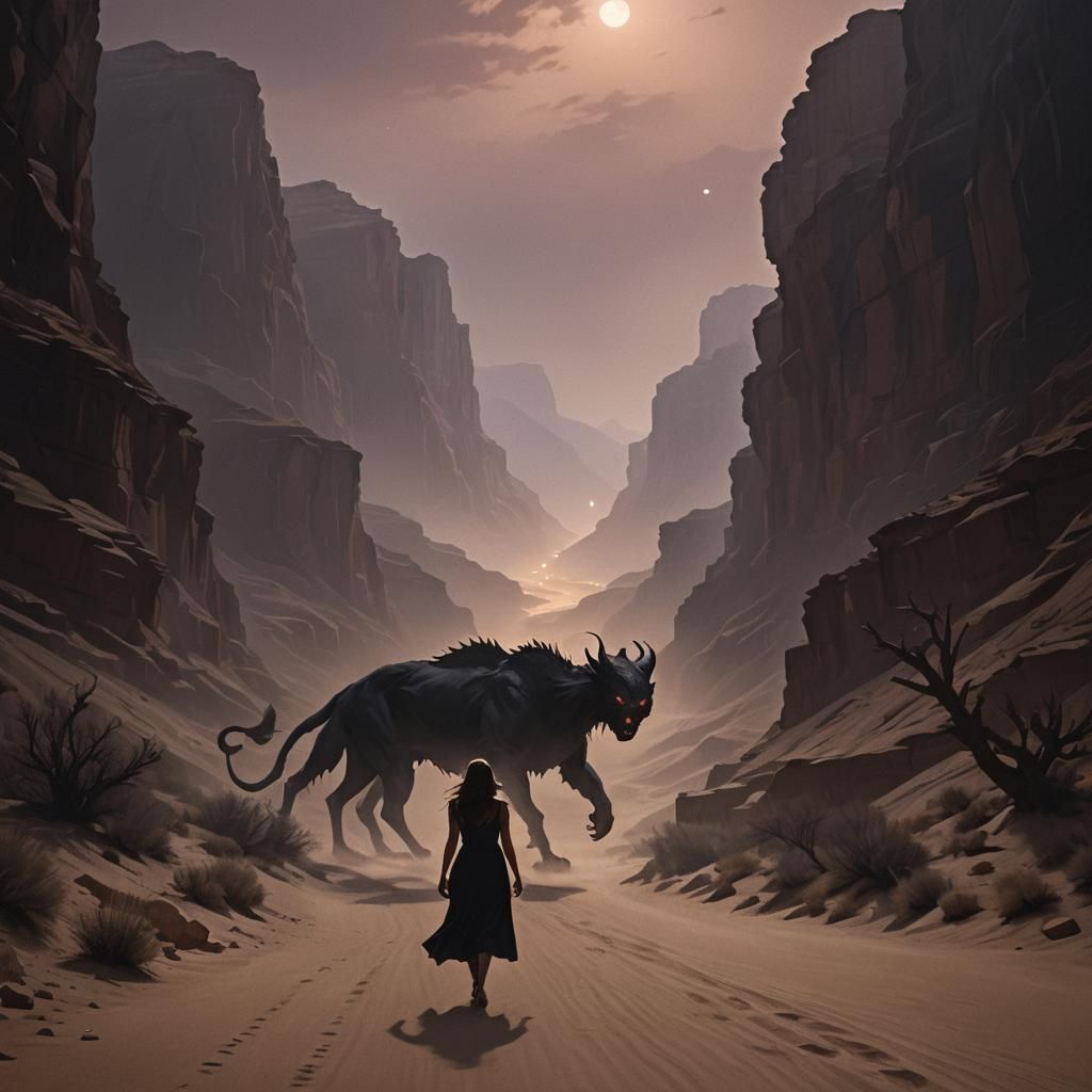 Nightmarish Beast Pursues Woman in Desert Canyon