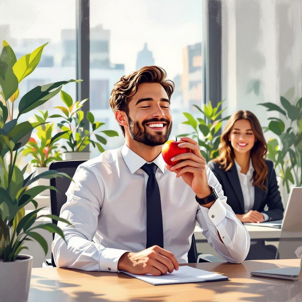 Man Enjoys Apple at Desk in Modern Office