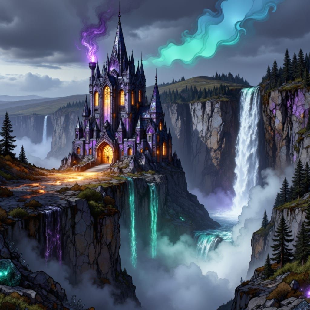Gothic Obsidian Castle with Runic Magic and Aurora