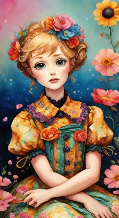 Cat on Pillow with Heart Lights, Grayson Perry Style