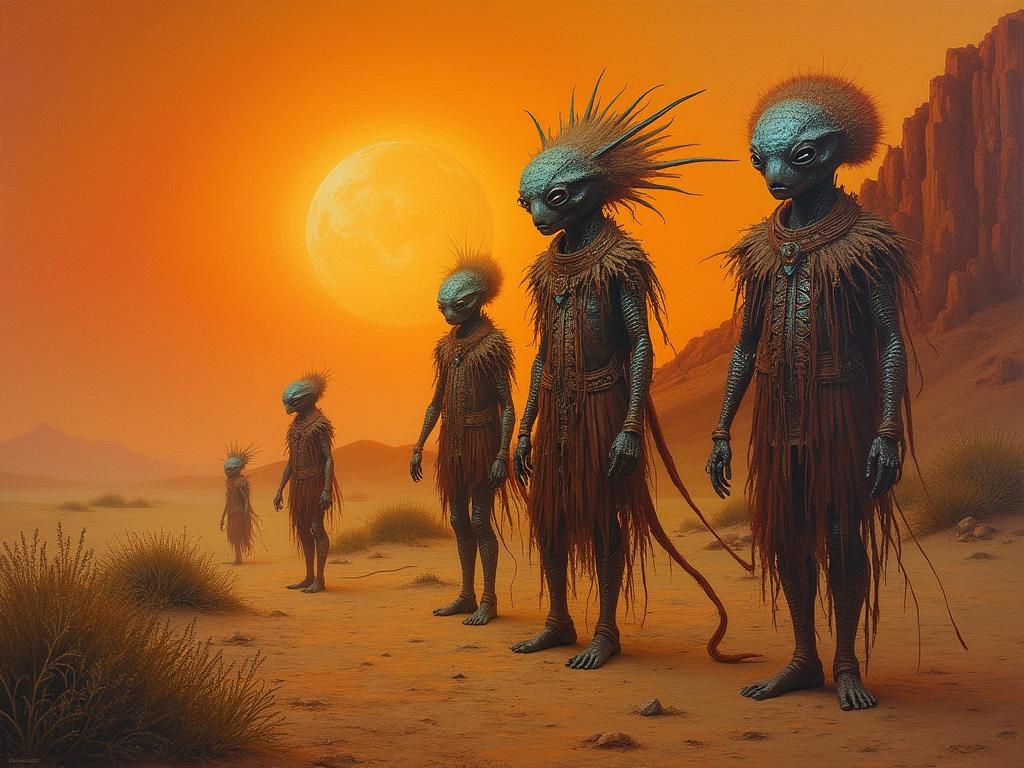 Mystical Alien Figures in Atmospheric Oil Painting Style
