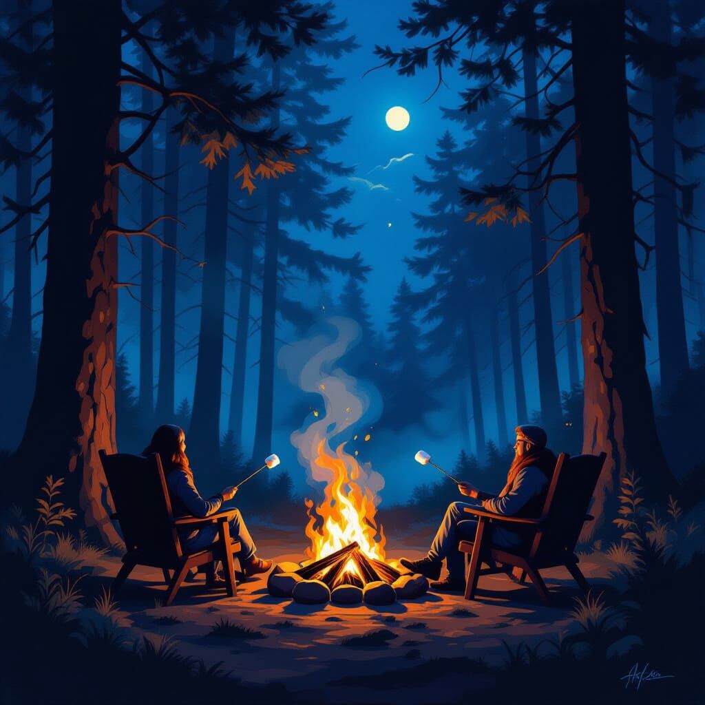 Campfire in Forest at Night, Oil Painting Style