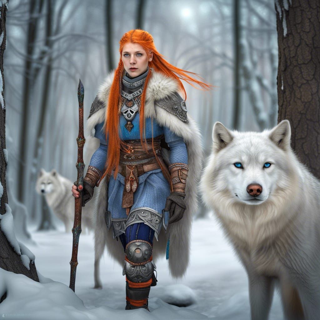 Nordic Seer Hunting with Wolves in Snowy Forest