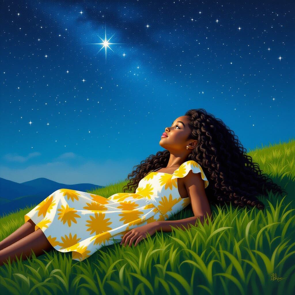 Girl Stargazing on Grassy Hill in Realistic Style