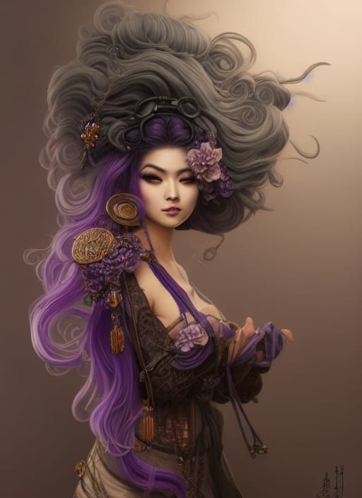 Steampunk Geisha with Lavender Hair in Digital Art