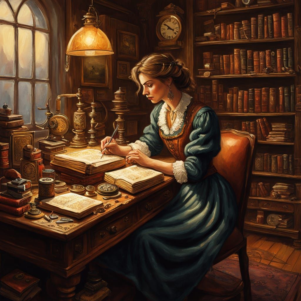 Fantasy Oil Painting of Woman at Desk