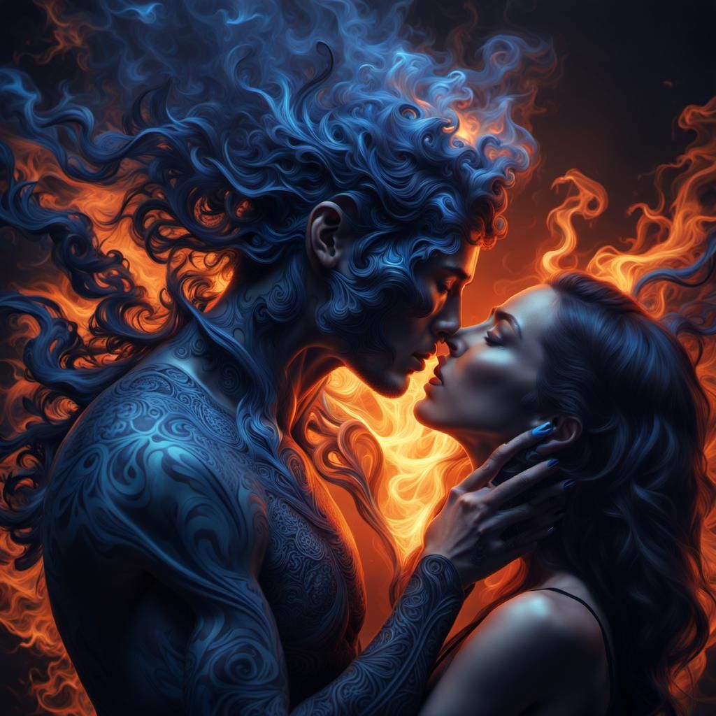 Human Hybrid's Passionate Kiss in Electric Blue Ink