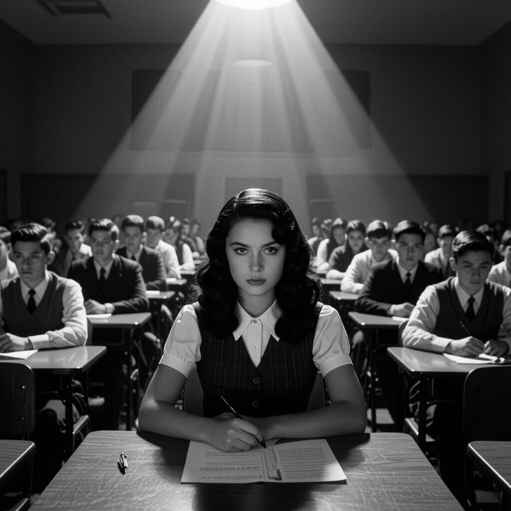 Film Noir Classroom Scene with Spiraling Desks