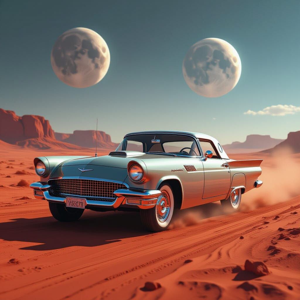 Chrome Thunderbird Races Across Martian Landscape Under Twin...