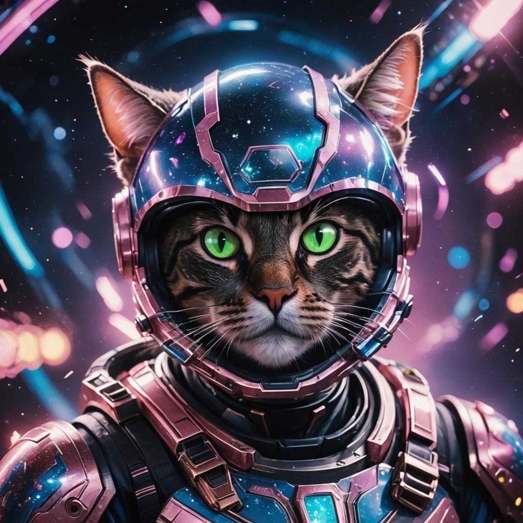 Anime Space Cat in Hyperrealism with Holographic Effects