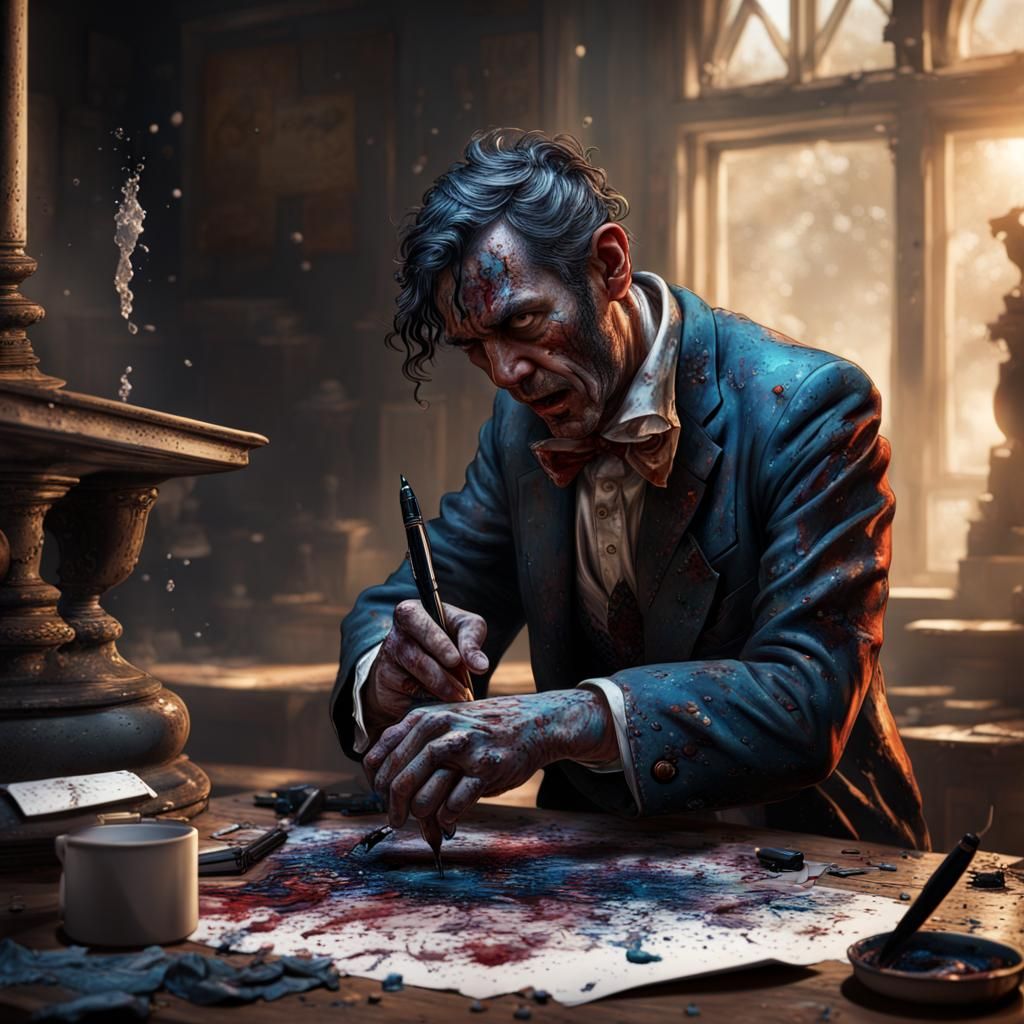 Ink-Splattered Man and Broken Pen in Mad Magazine Style