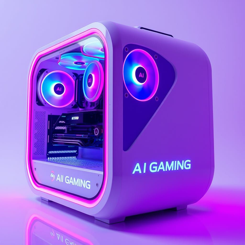Futuristic Gaming Computer with RGB Fans in Neon Sci-Fi Styl...