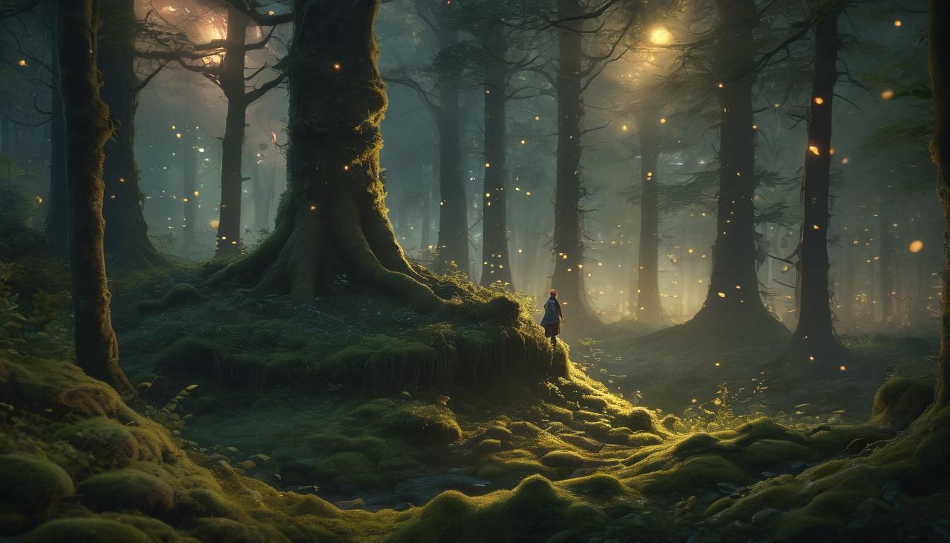 Lone Adventurer in Ethereal Forest, Fantasy Art