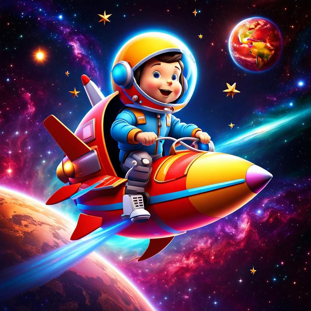Child's Toy Rocketship Soaring Through Deep Space