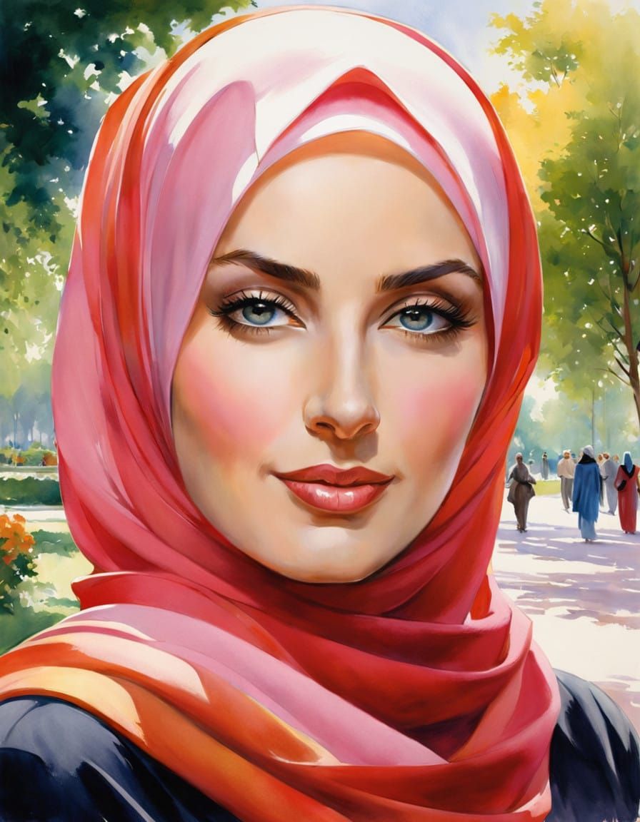 Vibrant Hijabi Woman in Watercolor Portrait