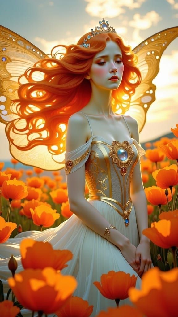 Albino Fairy Portrait with Poppies and Cosmic Wings