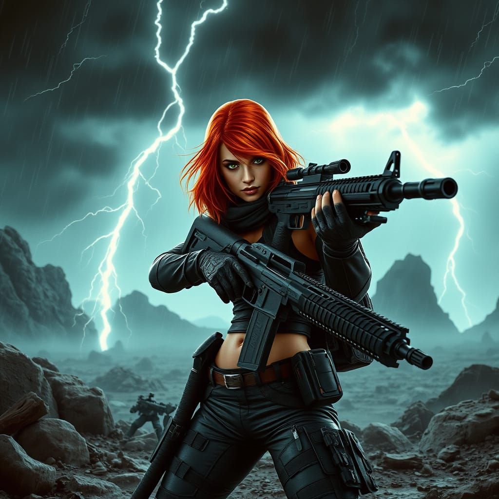 Redhead Woman in Tactical Gear During Storm