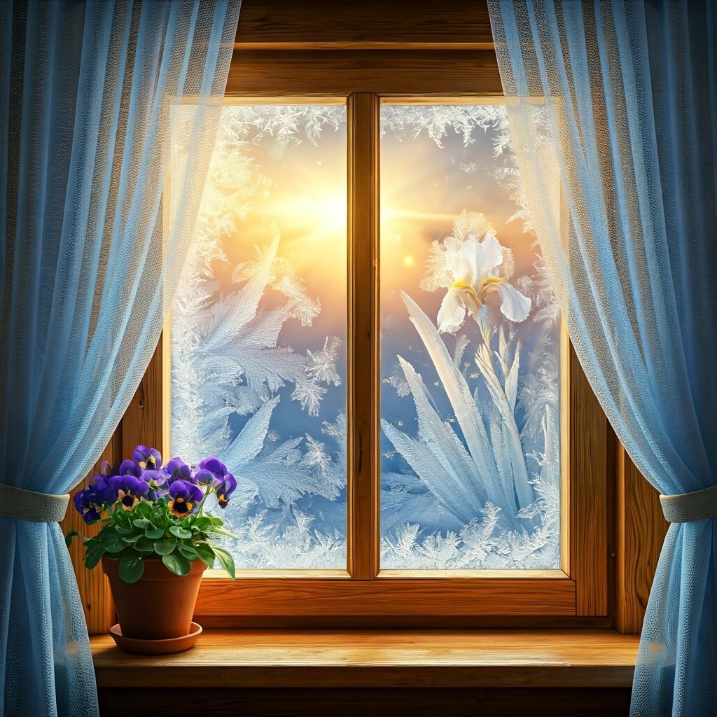 Frost Iris Flowers on Rustic Window