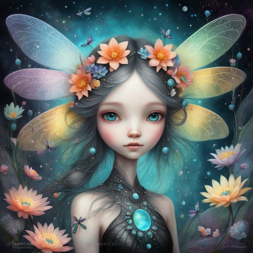 Magical Dragonflies and Blooms Around Obsidian Moon