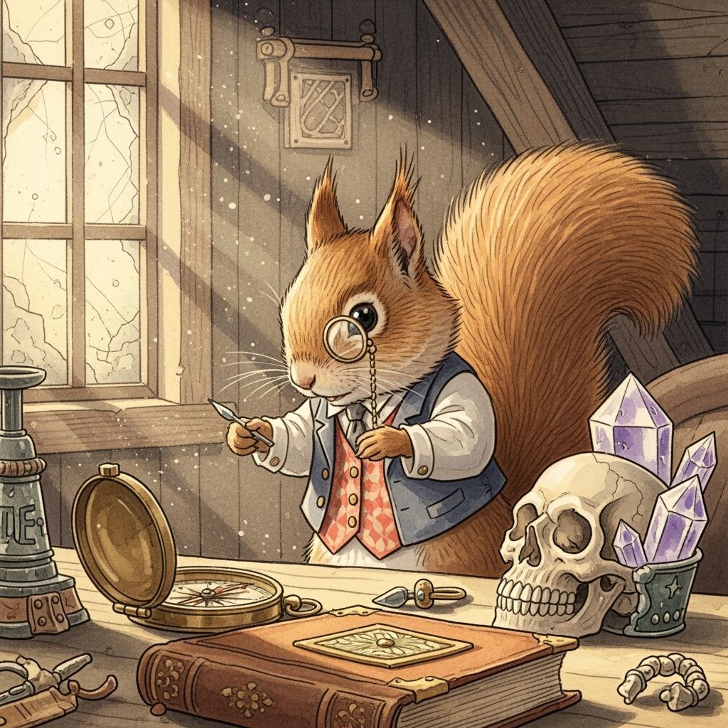 Squirrel Detective Inspects Artifacts in Watercolor Style