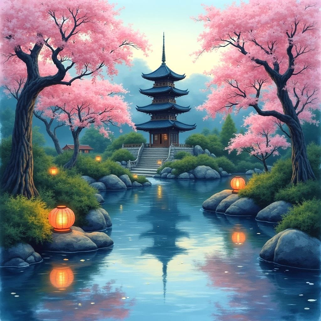 Surreal Japanese Garden Scene at Twilight