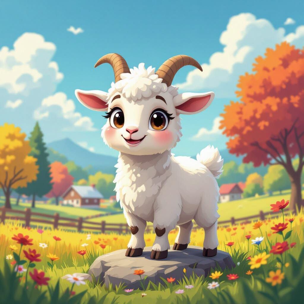 Cartoon Goat in Farm Scene, Cel-Shaded Style