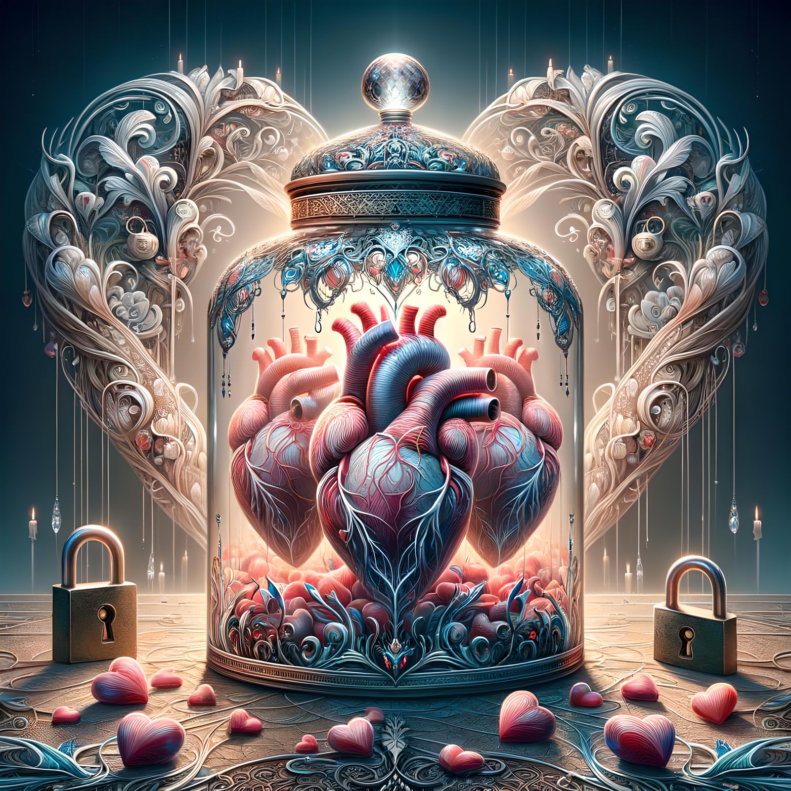 Locked Crystal Jar of Throbbing Hearts