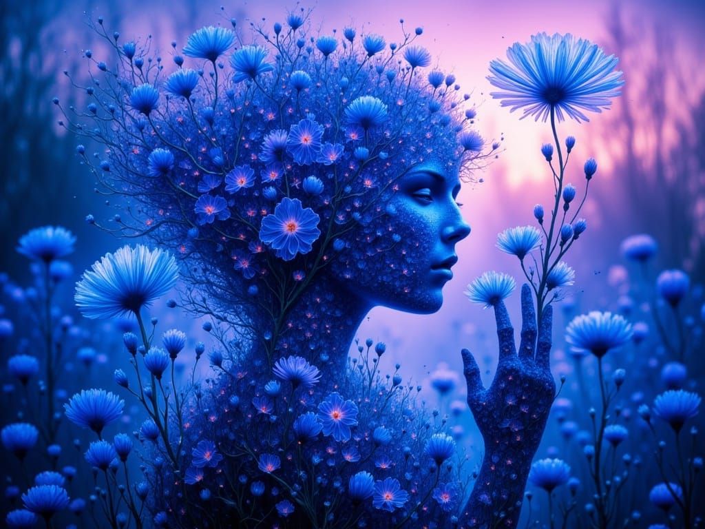 <lora:Abstract Reality:1.0> delicate blue translucent flower...