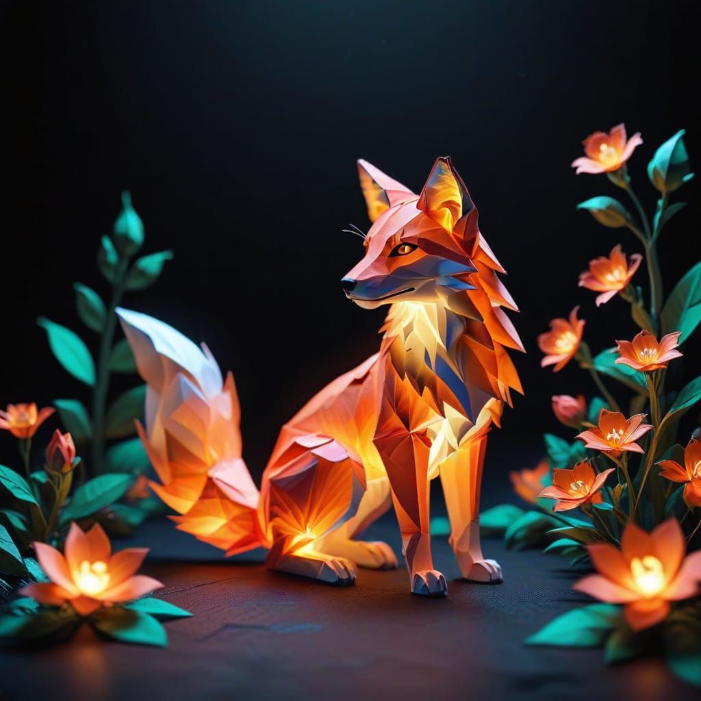 Glowing Origami Fox Pauses Amidst Flowers
