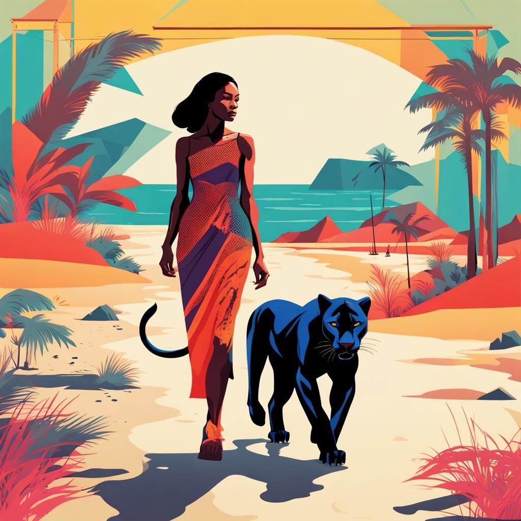 Woman and Panther on Beach in Pop Art Style