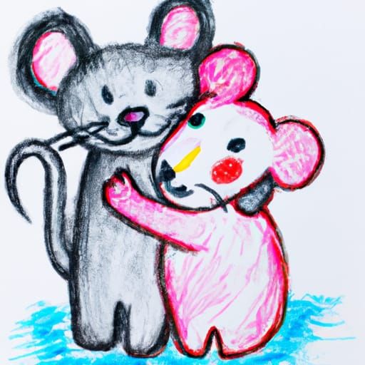 Cute Mouse Hugging Cat Crayon Drawing