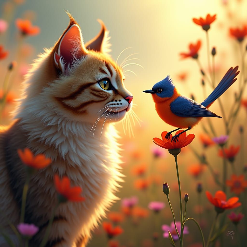 Cat Gazing at Bird in a Field, Fantasy Matte Painting