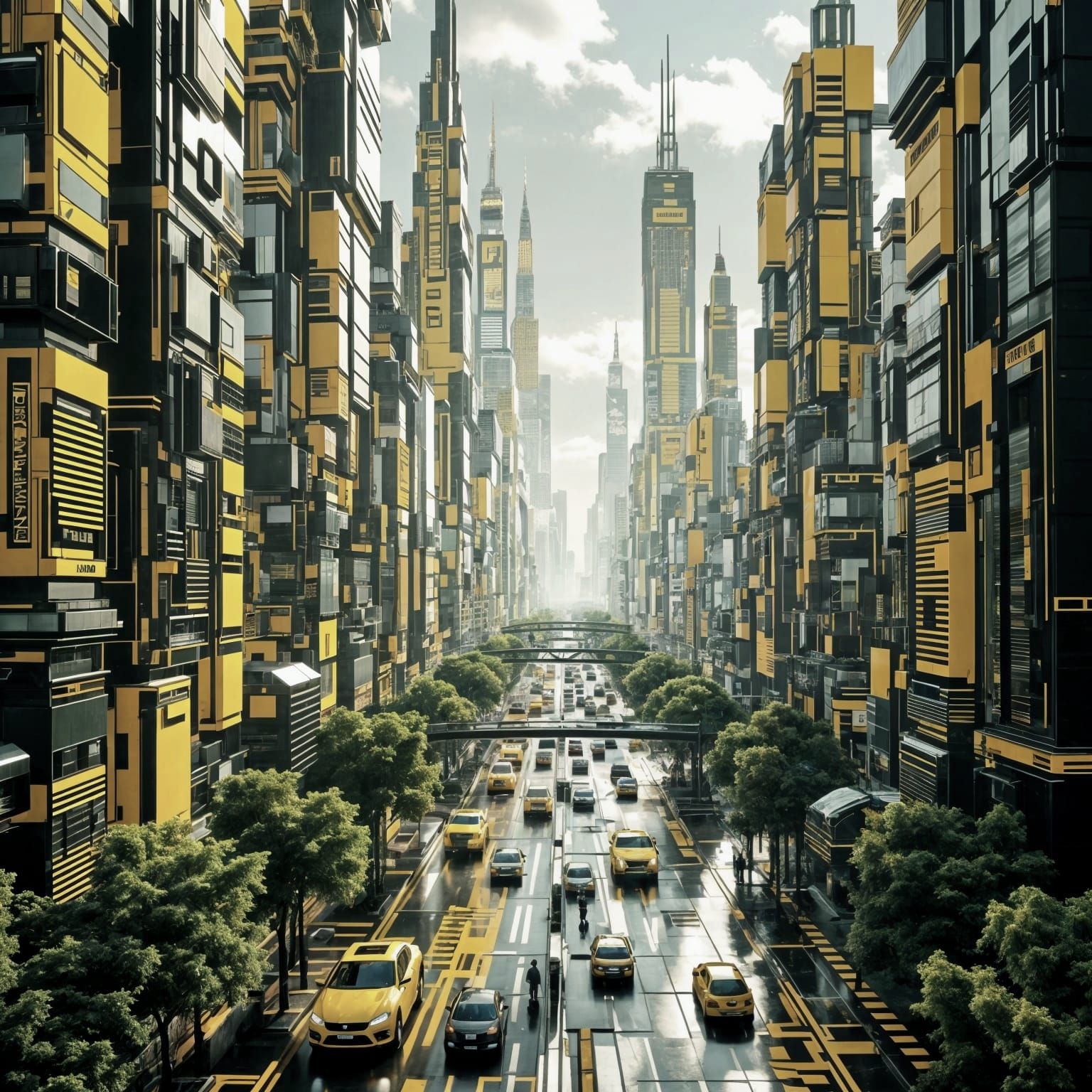 Cyberpunk Cityscape at Noon in Green and Yellow