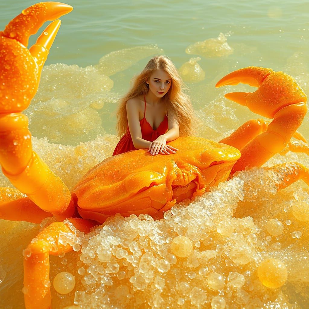 Woman Rides Gummy Crab in Soda Ocean