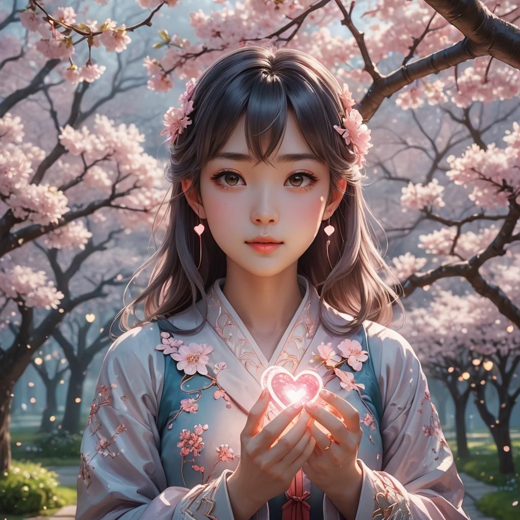 Anime Woman Holds Glowing Heart in Cherry Garden
