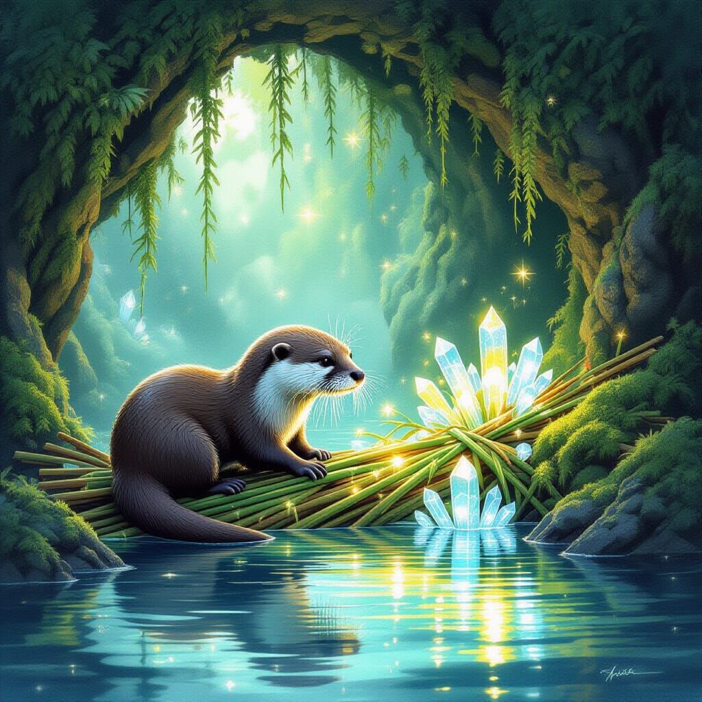 Otter Building Bioluminescent Dam in Magical Grotto