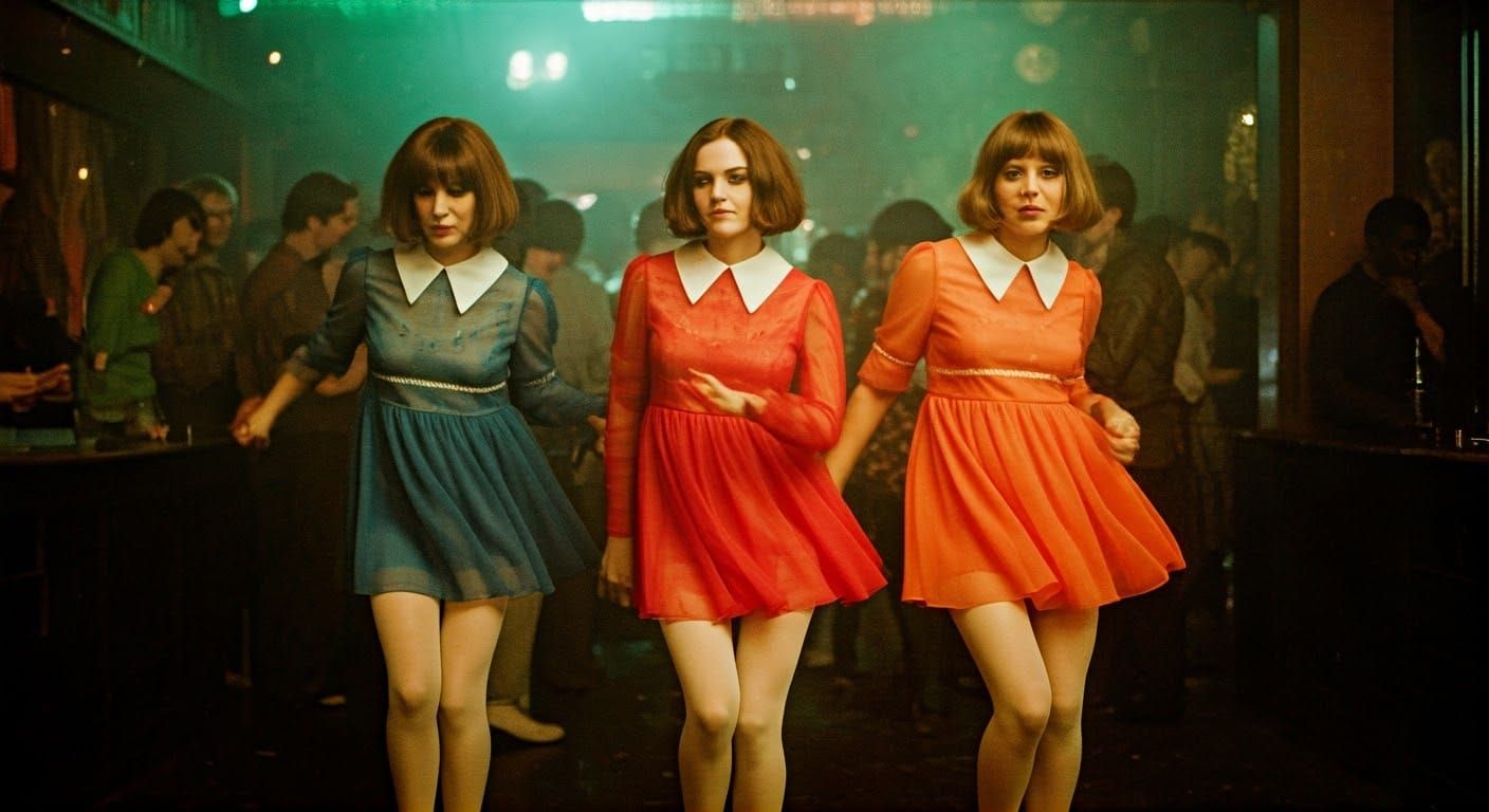 1970s Mod Girls Dancing in Gritty Nightclub