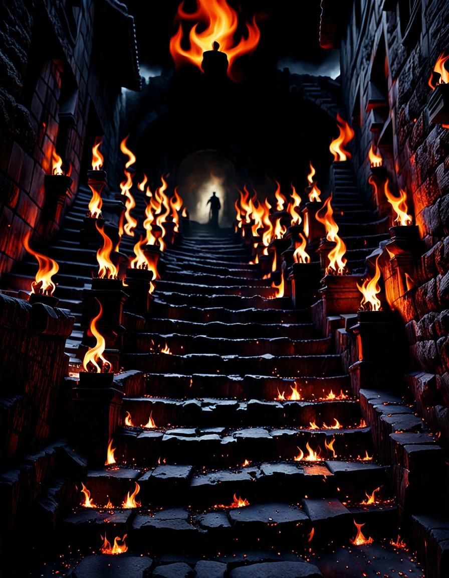 Endless Descent: Souls Spiraling into Fiery Abyss