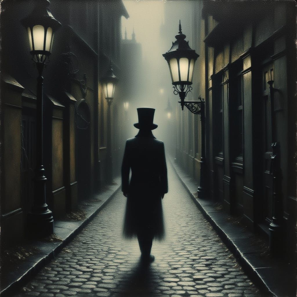 Victorian Figure in Foggy Alleyway Impressionistic Painting