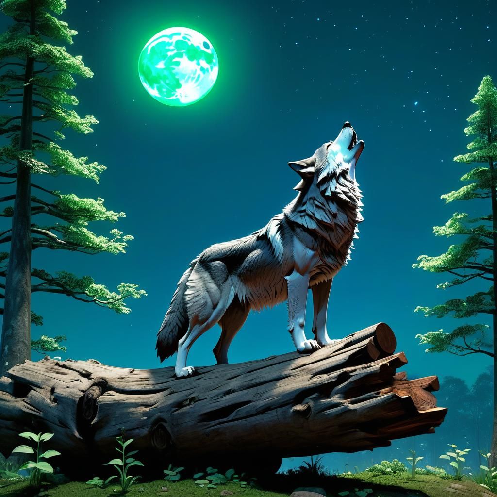 Wolf Howling at Moon: 3D Anime Art