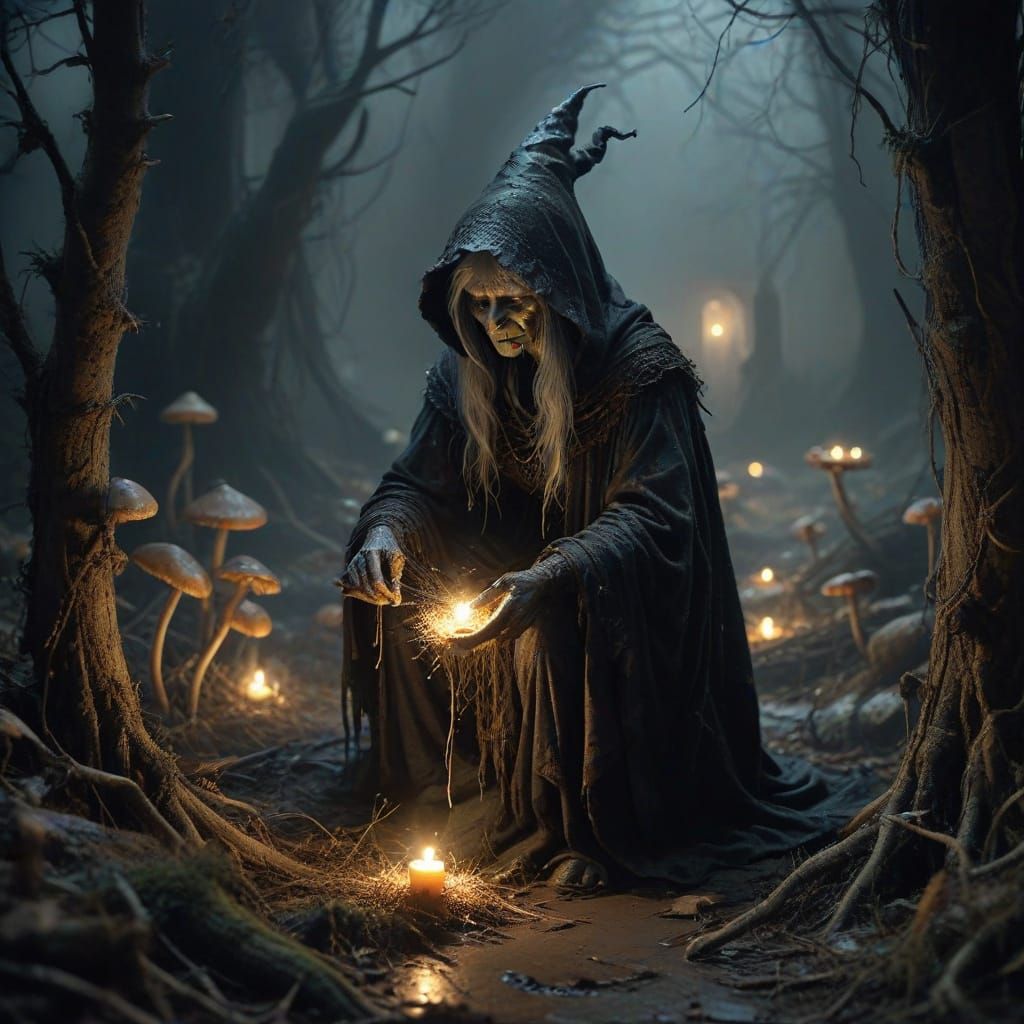 Cobweb-Shrouded Witch Lurks in Haunting Forest Scene