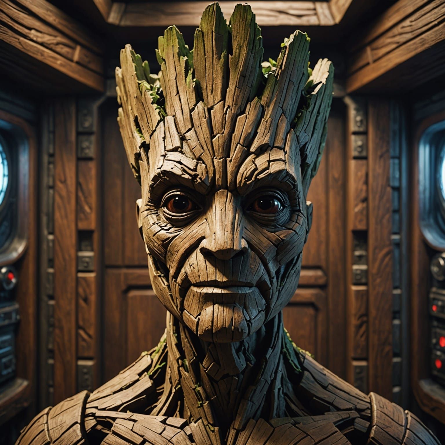 Groot Portrait in Carved Wood Style, Digital Art
