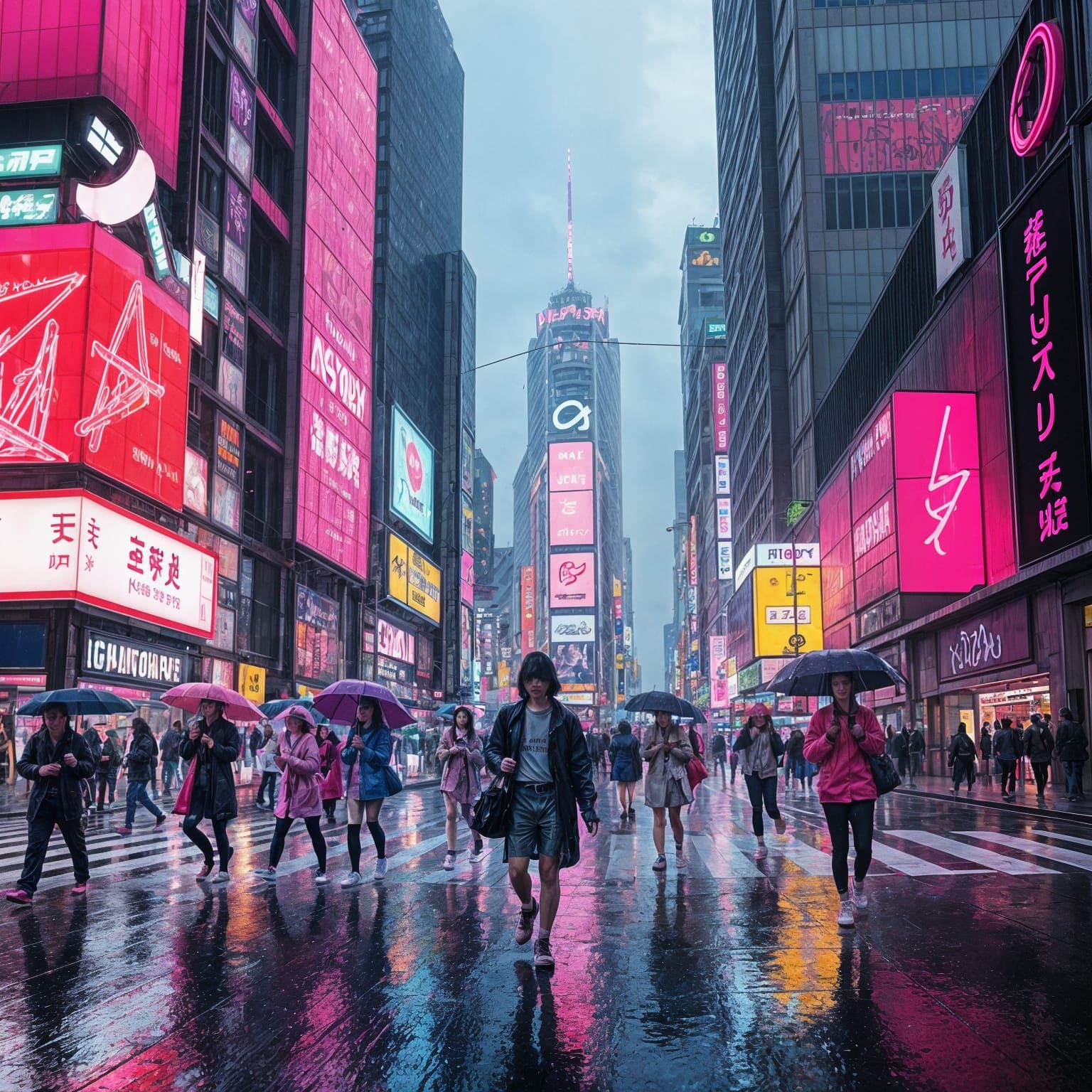 Synthwave Shibuya Crossing at Night in the Rain