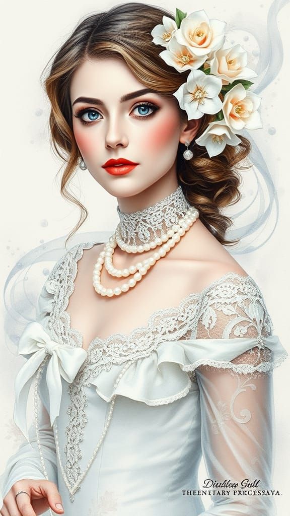 Elegant Woman in Whimsical Portrait with Foggy Metallic Swir...