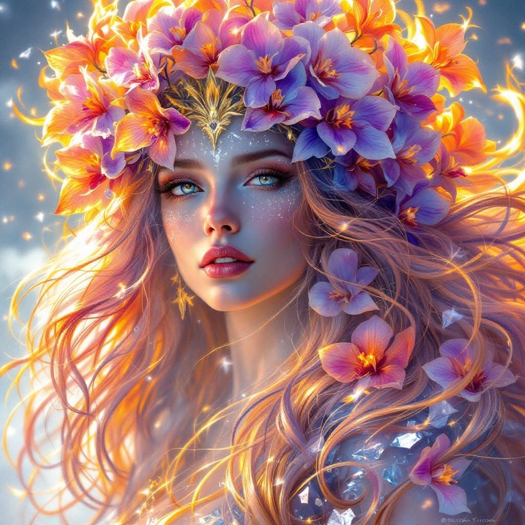 Icy Fire Goddess with Orchid Crown, Hyperrealistic Art